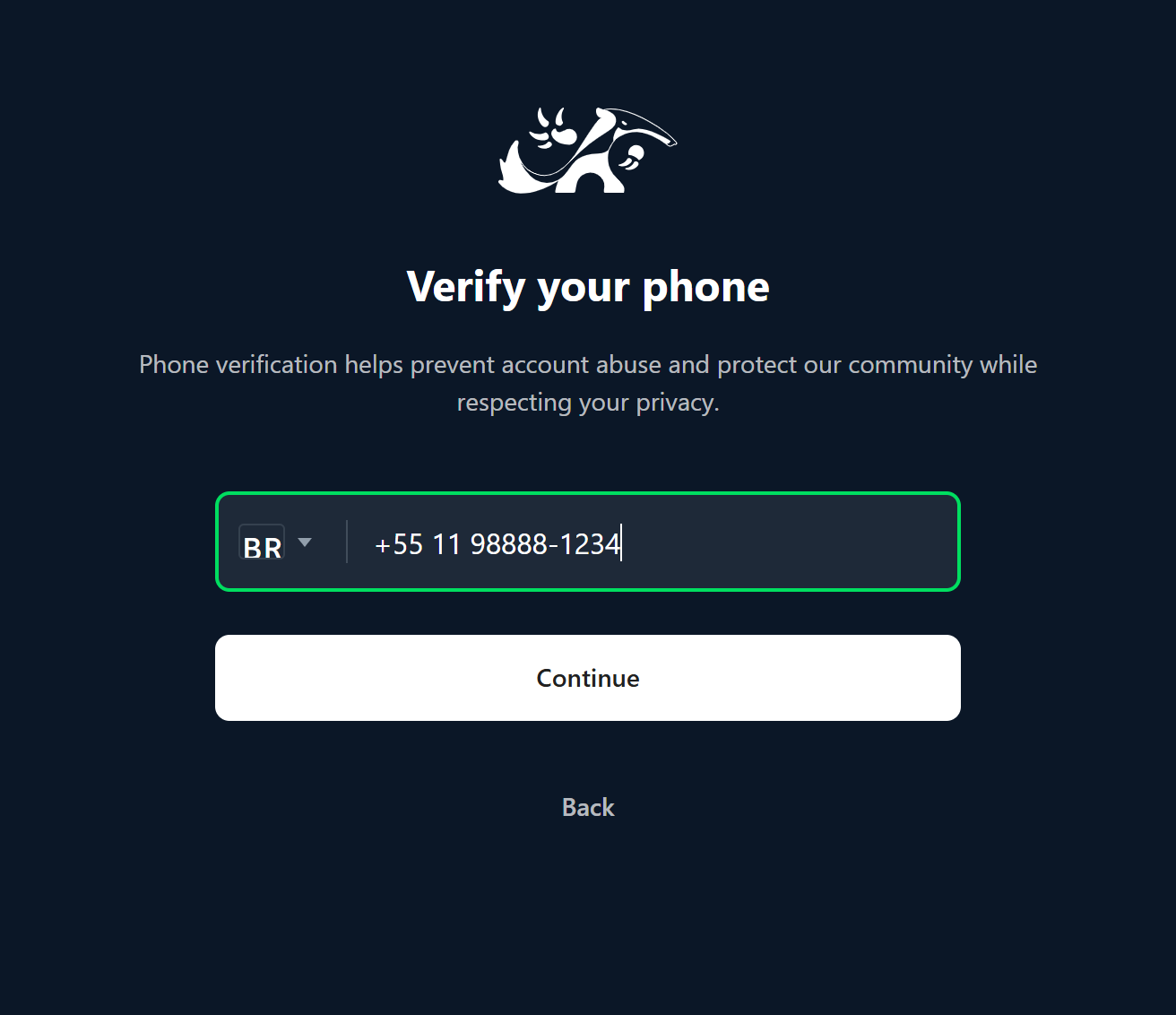 The phone verification screen, with a number entered