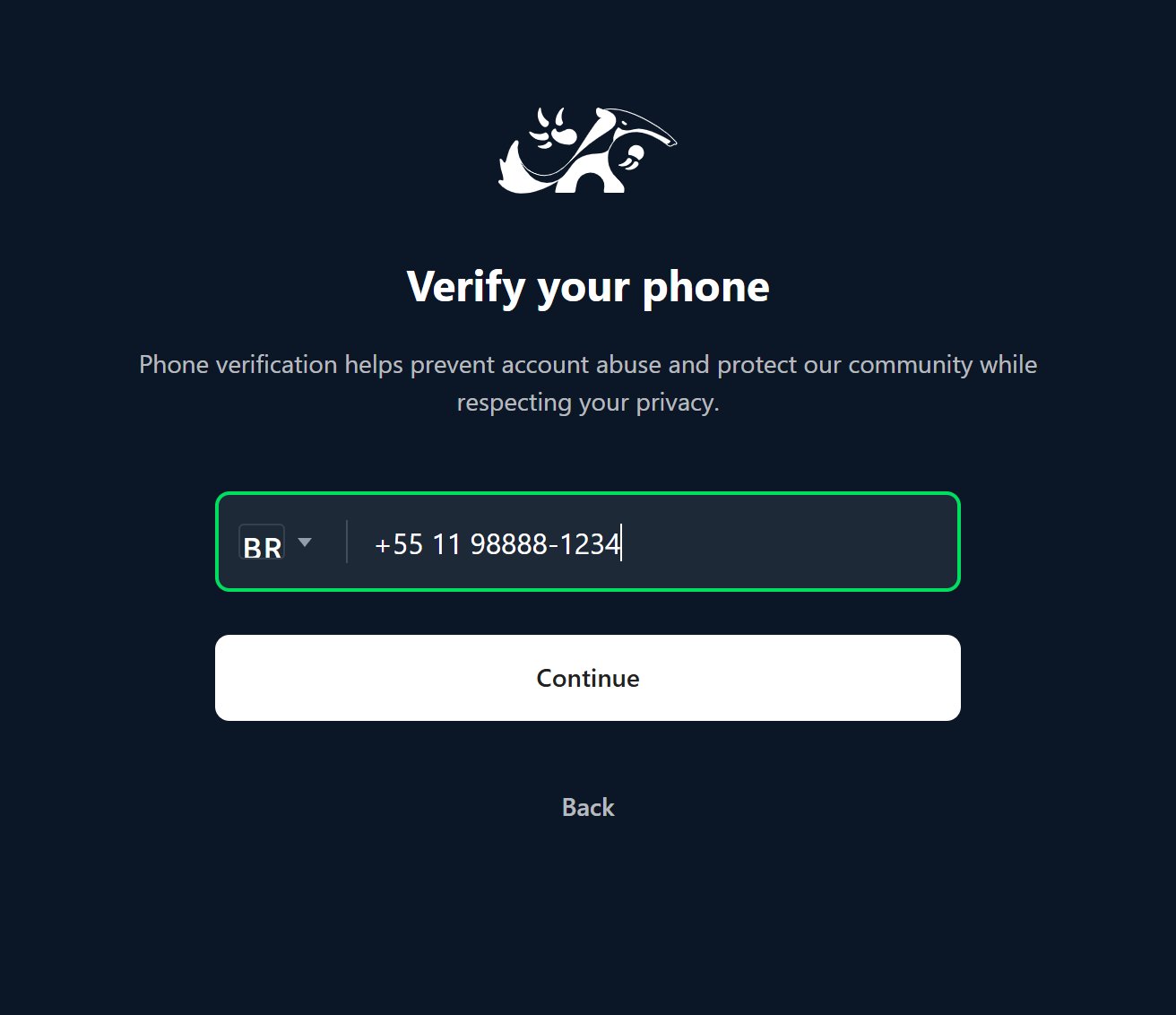 The phone verification screen, with a number entered