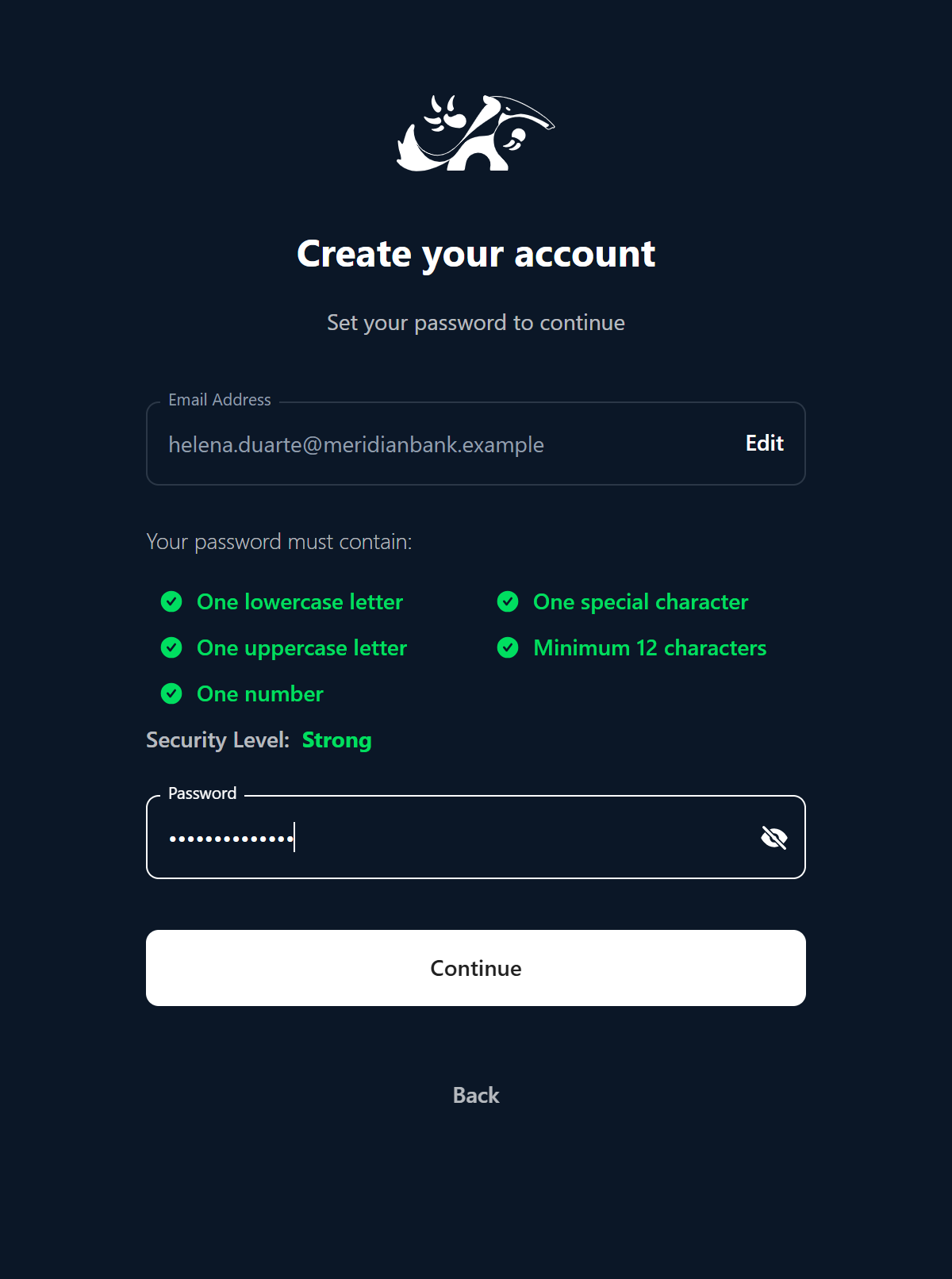 The password creation screen, with every requirement met
