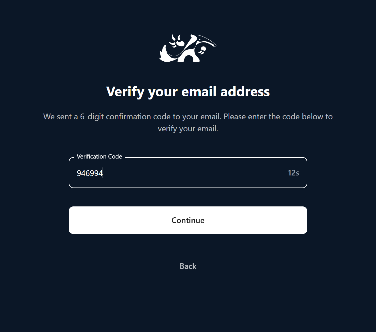 The email verification screen with the six-digit code filled in