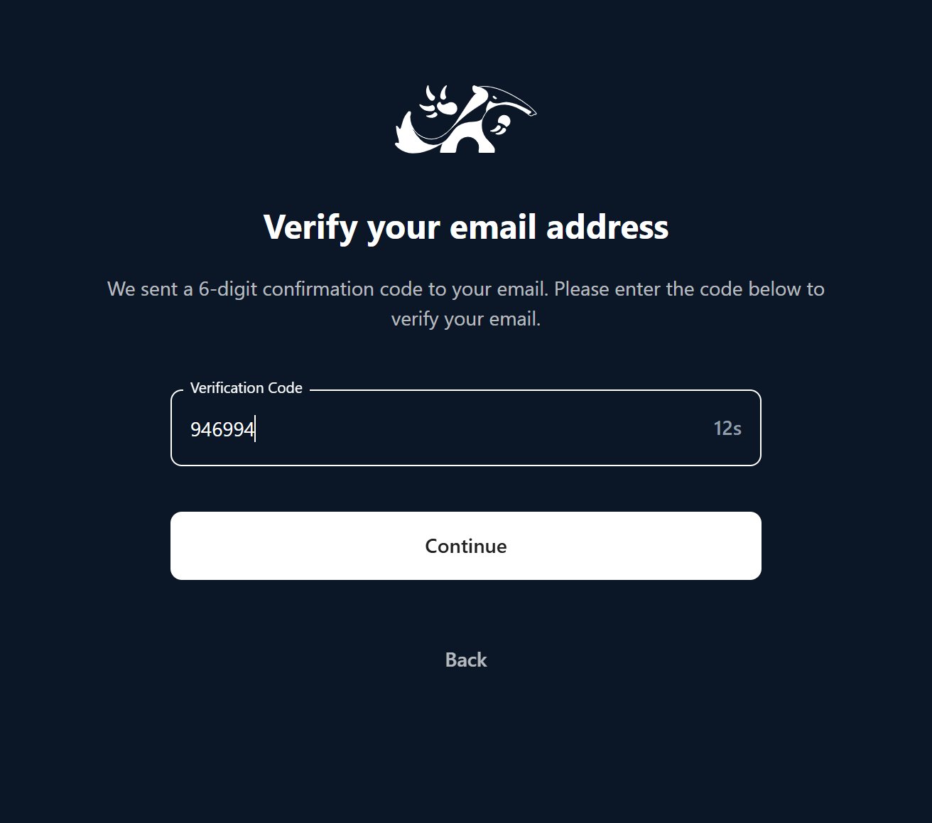 The email verification screen with the six-digit code filled in