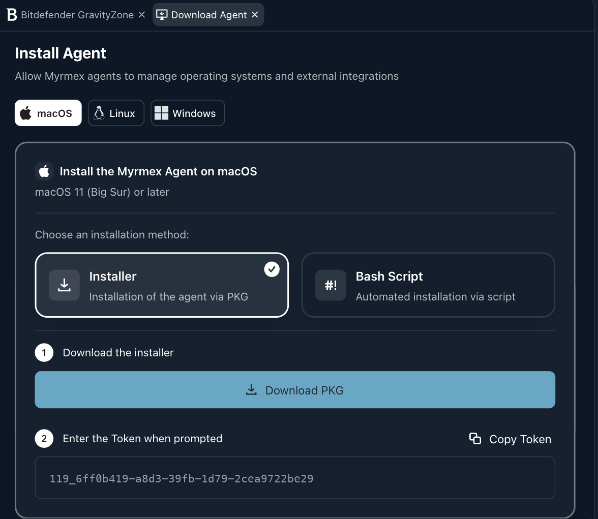 The Install Agent screen, with the operating system chosen and the installation token ready to copy