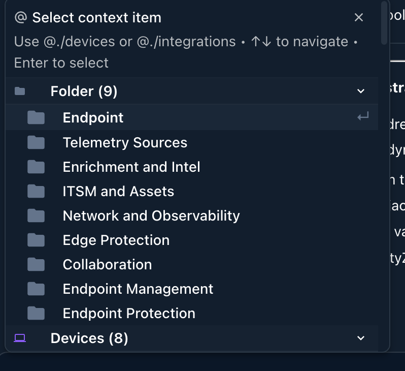 The Select context item picker, grouping folders and devices