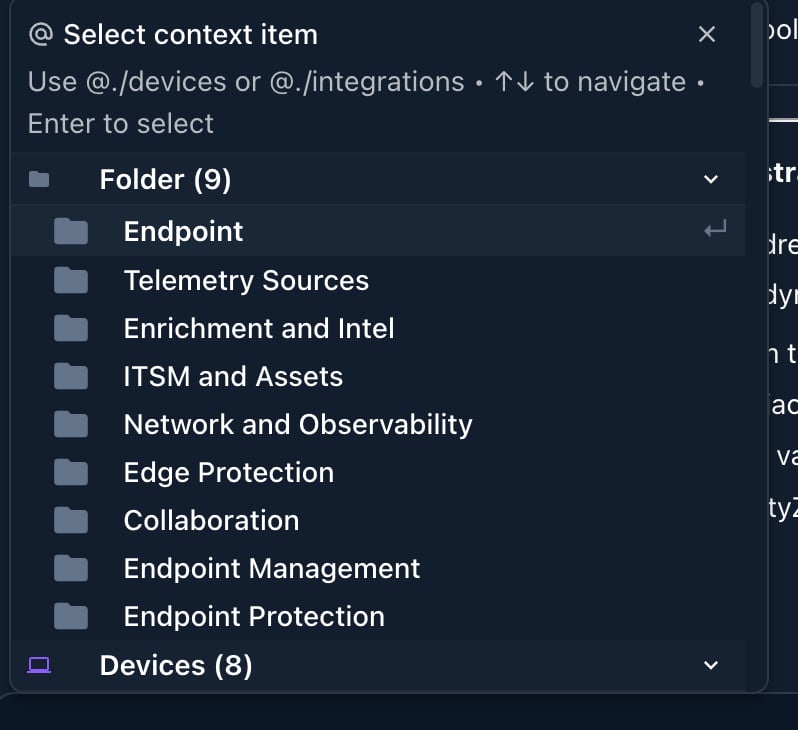 The Select context item picker, grouping folders and devices