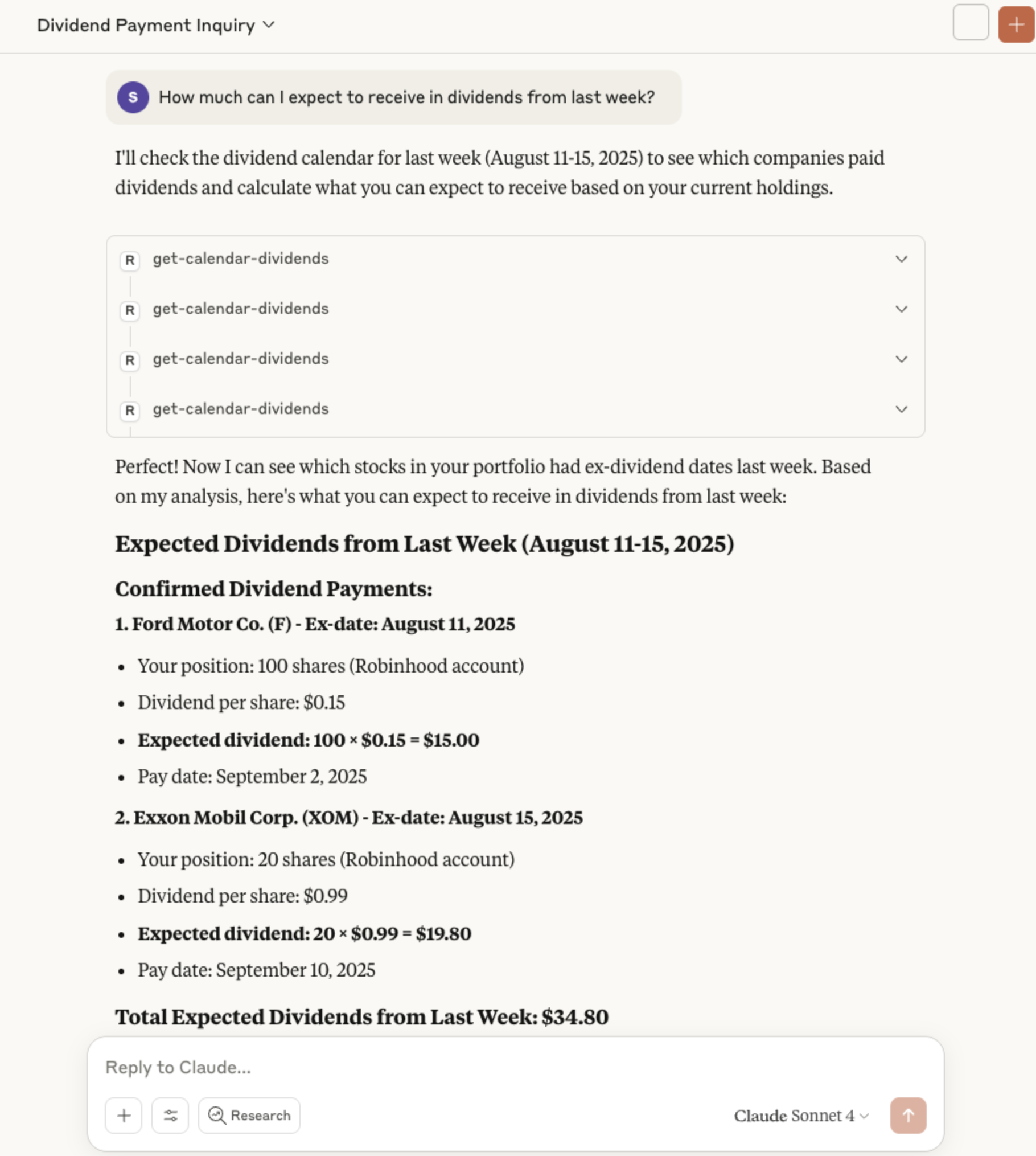 Asking Claude about dividends income using Ainvest MCP server