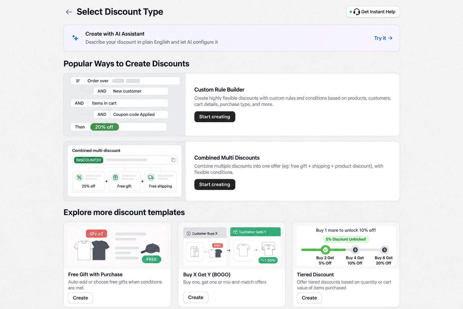 AIOD discount template gallery showing the Custom Rule Builder and Combined Multi Discounts