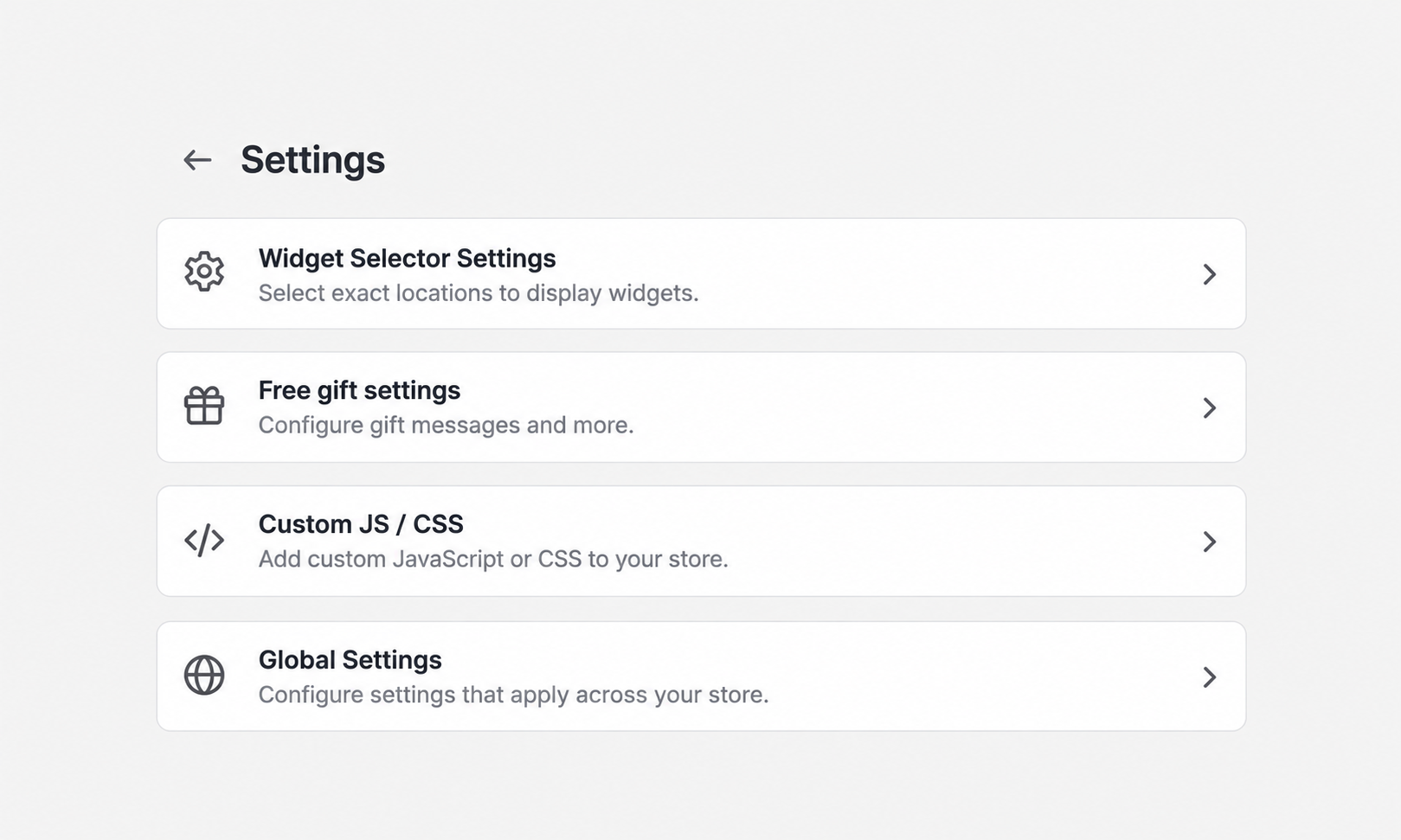AIOD settings screen showing where storefront widget and free gift settings are managed