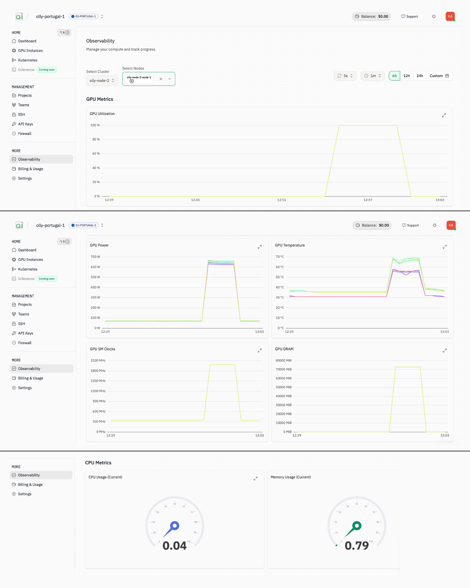 Observability dashboard GPU metrics