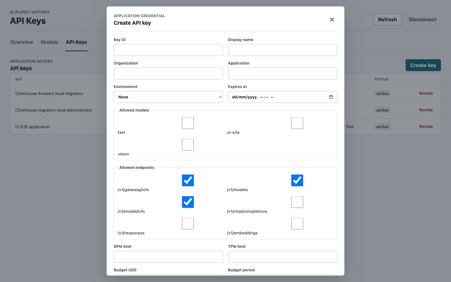 Create an application API key with model, endpoint, RPM, TPM, expiry, and budget scopes