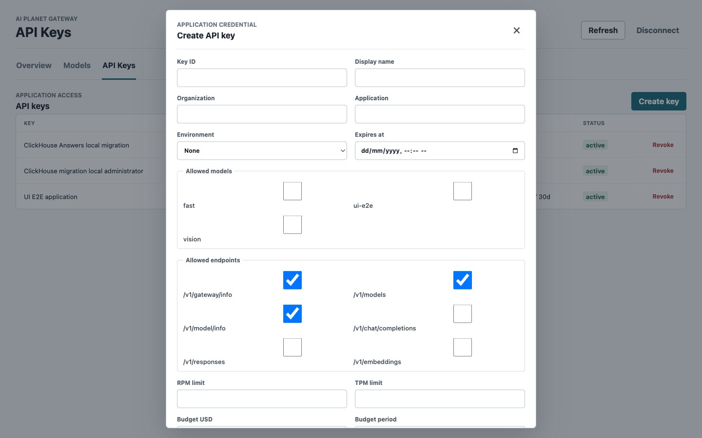 Create an application API key with model, endpoint, RPM, TPM, expiry, and budget scopes
