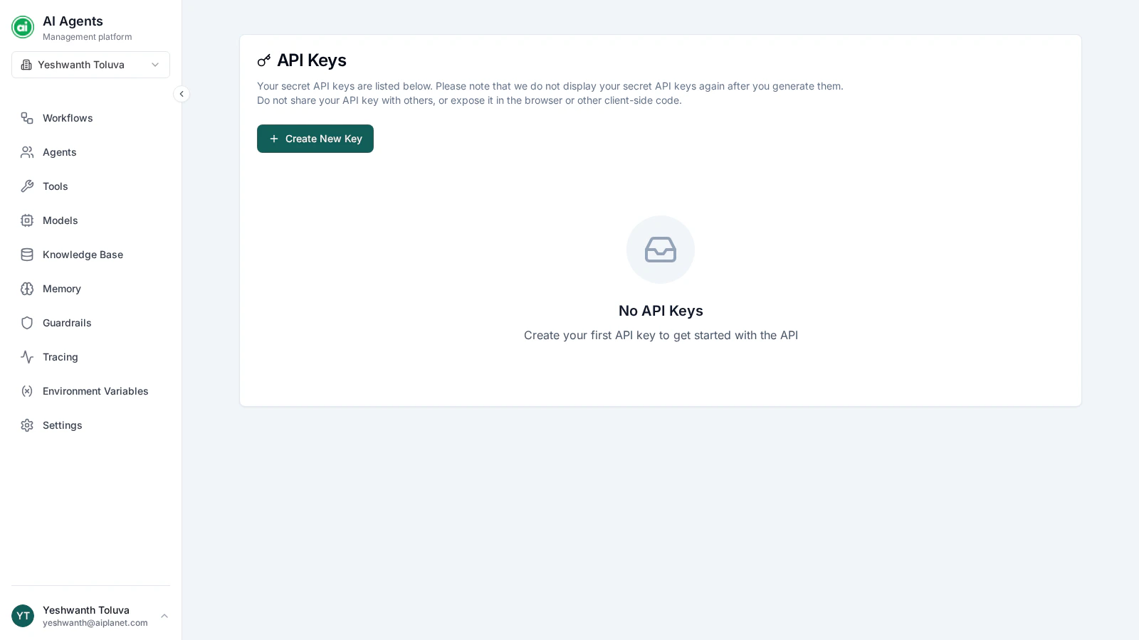 API Keys management page