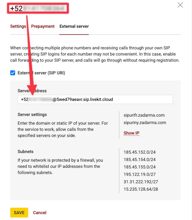 Zadarma PBX Server Address configuration