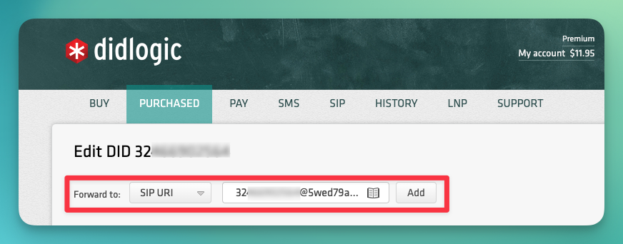 DIDLogic избиране на SIP URI тип