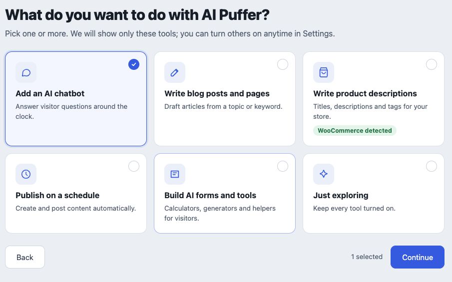 Onboarding goals for chatbot, writing, product descriptions, automations, and AI Forms