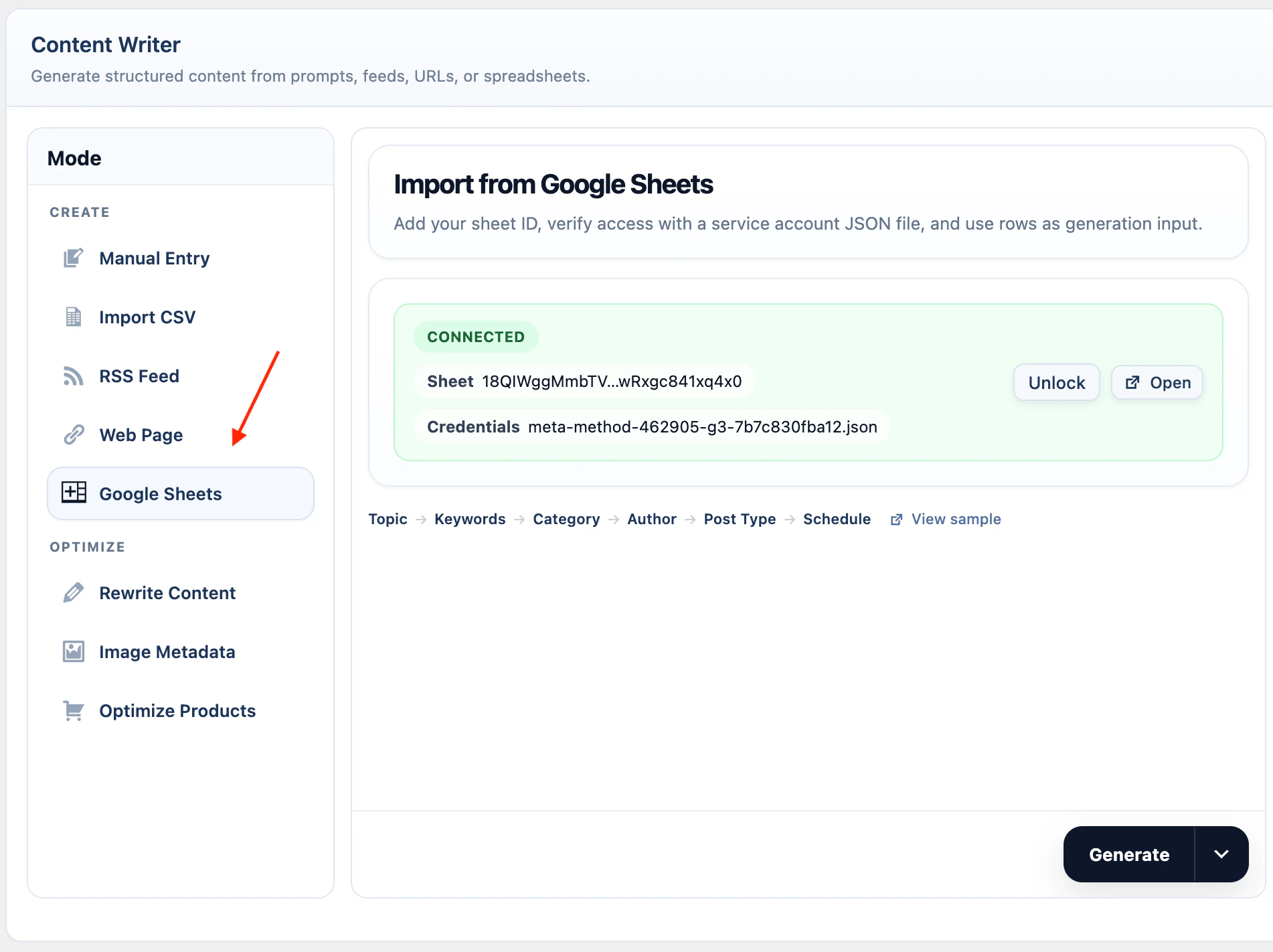 Content Writer Google Sheets