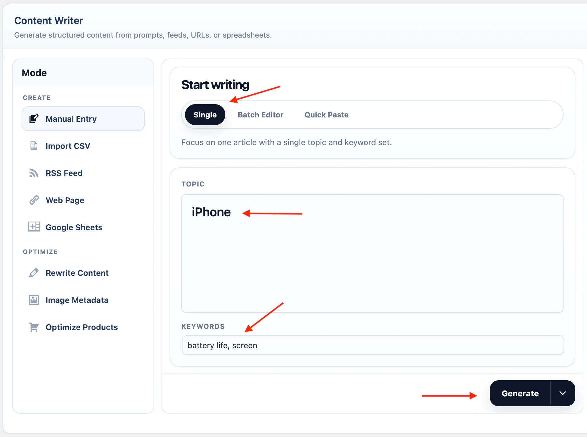 Content Writer Single Entry