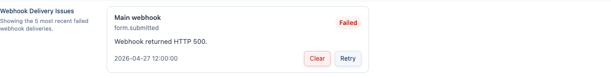 Webhook Delivery Issues panel with Retry and Clear actions