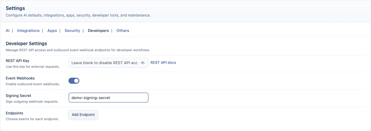 Developer Settings with Event Webhooks enabled