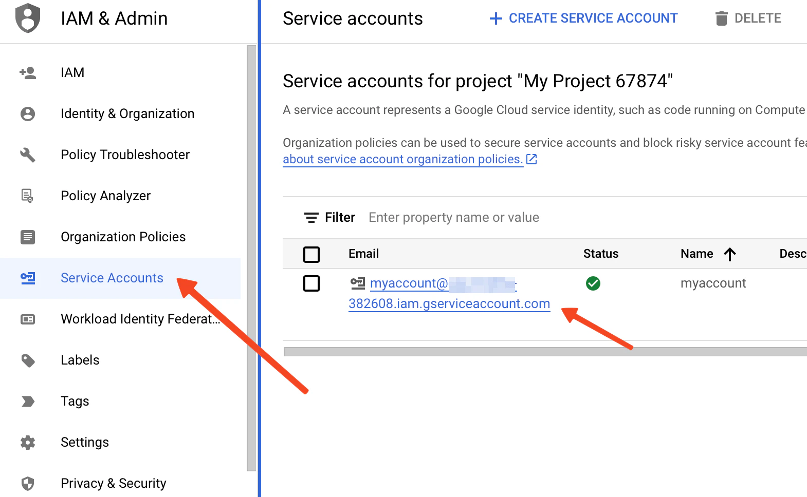 Copy the service account email