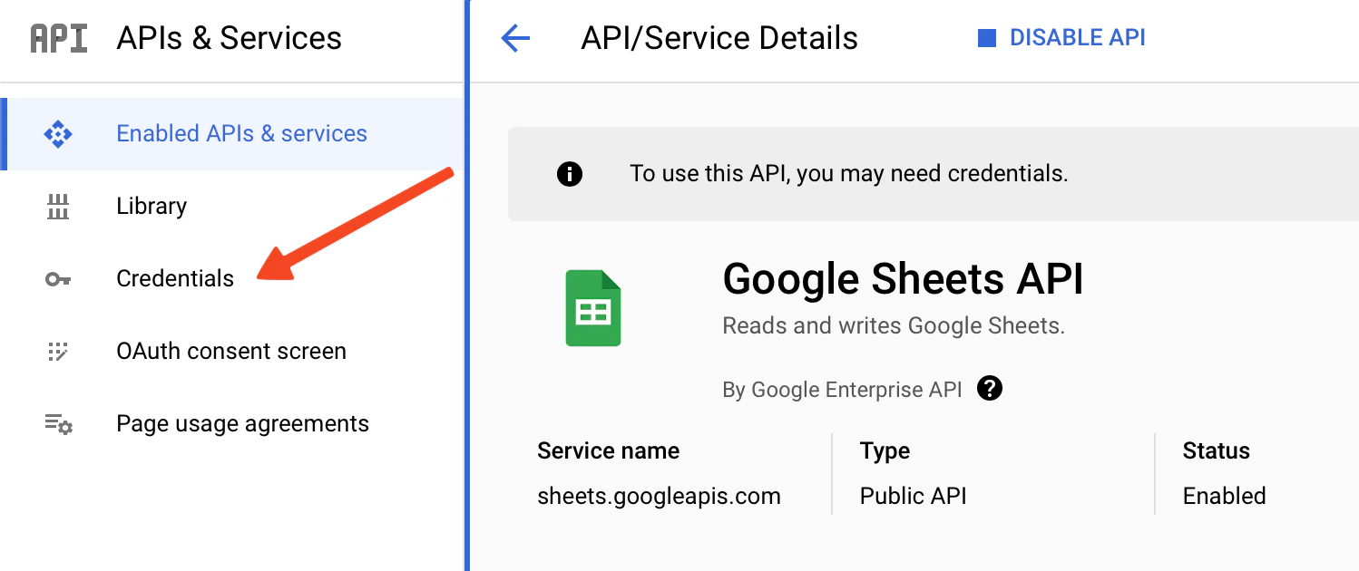 Open Google Cloud credentials