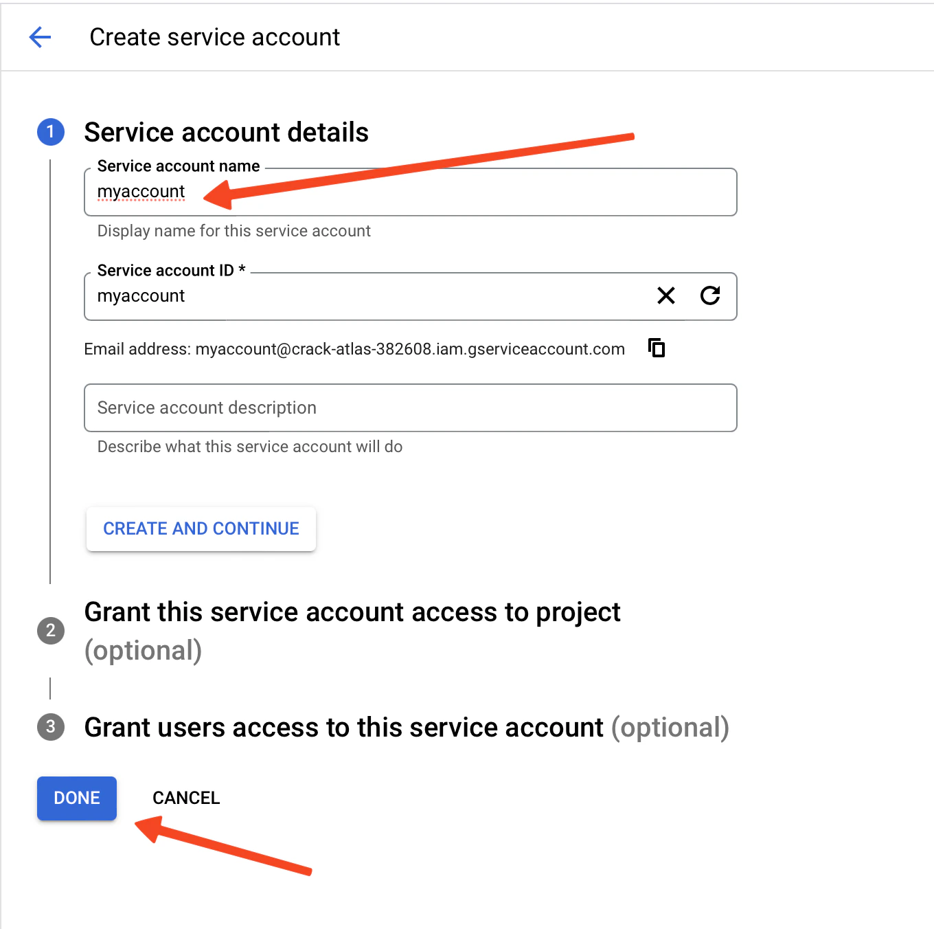 Finish service account creation