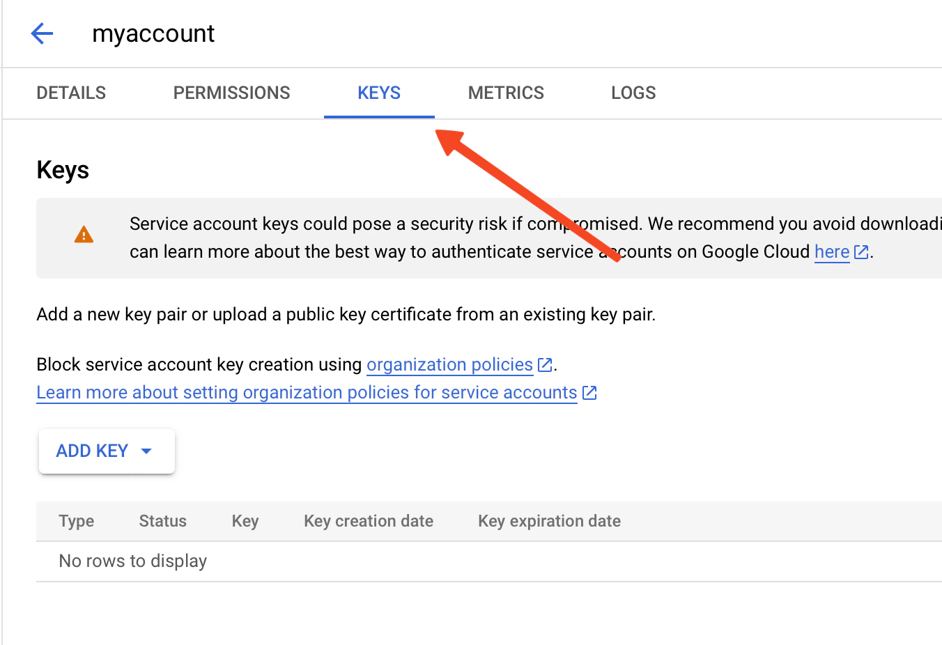 Open service account keys