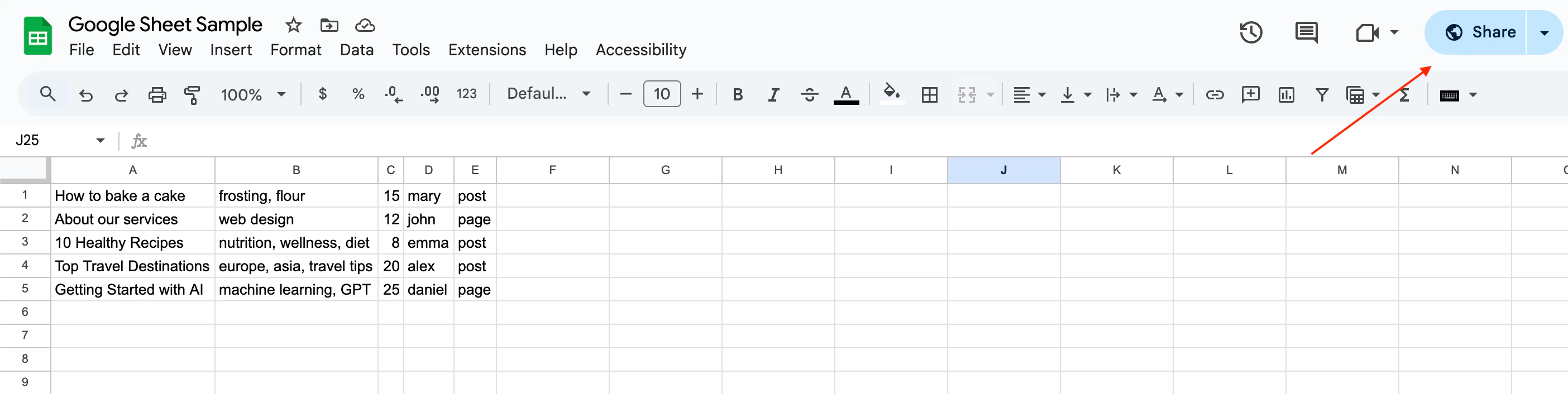 Google Sheets share button