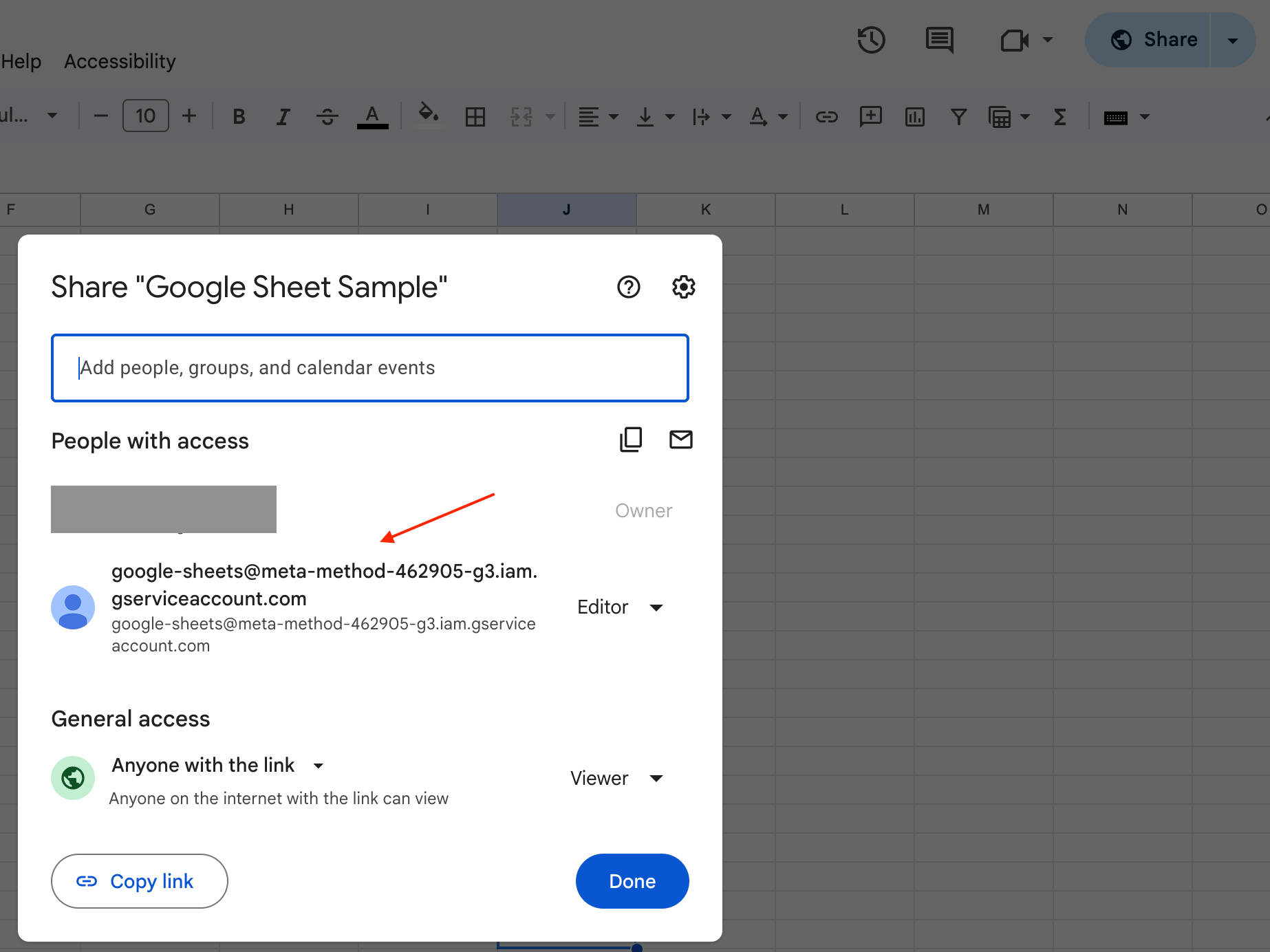 Share the sheet with the service account