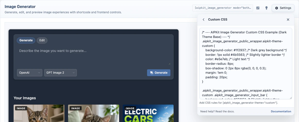 Images custom CSS settings