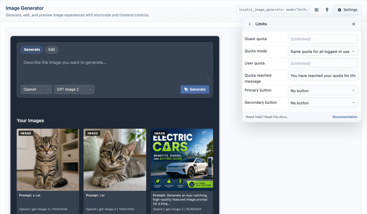 Images limits settings
