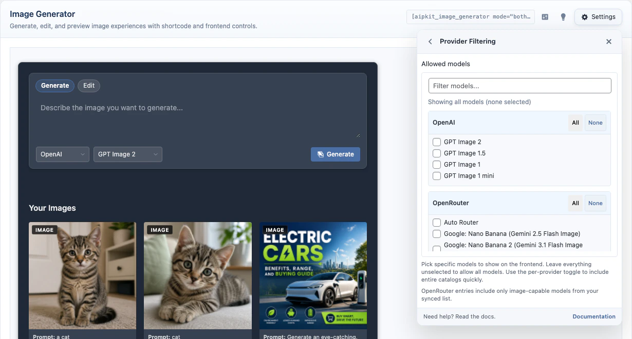 Images provider filtering settings