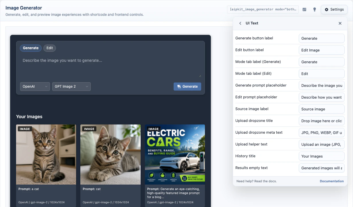 Images UI text settings