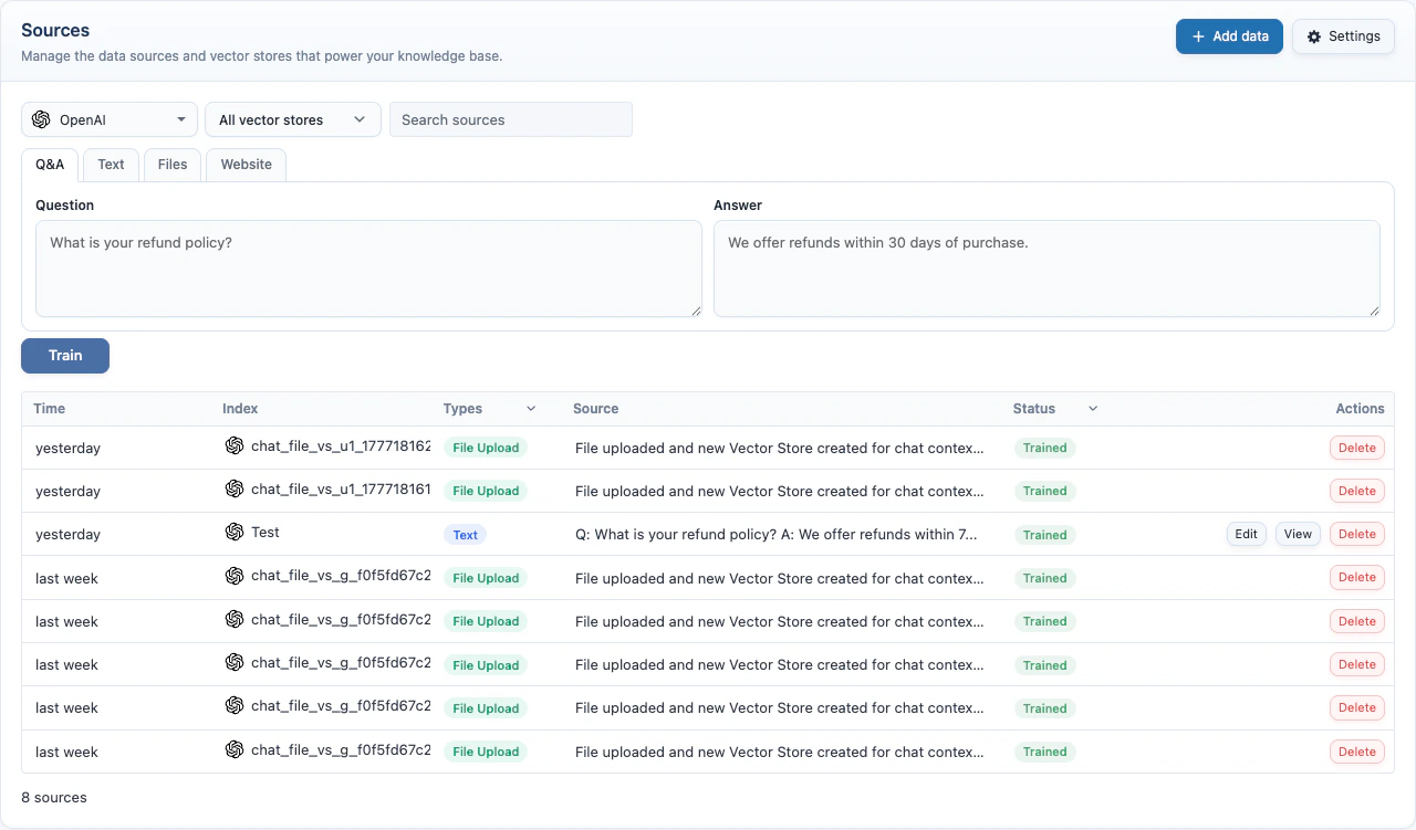 Knowledge Base Add data panel