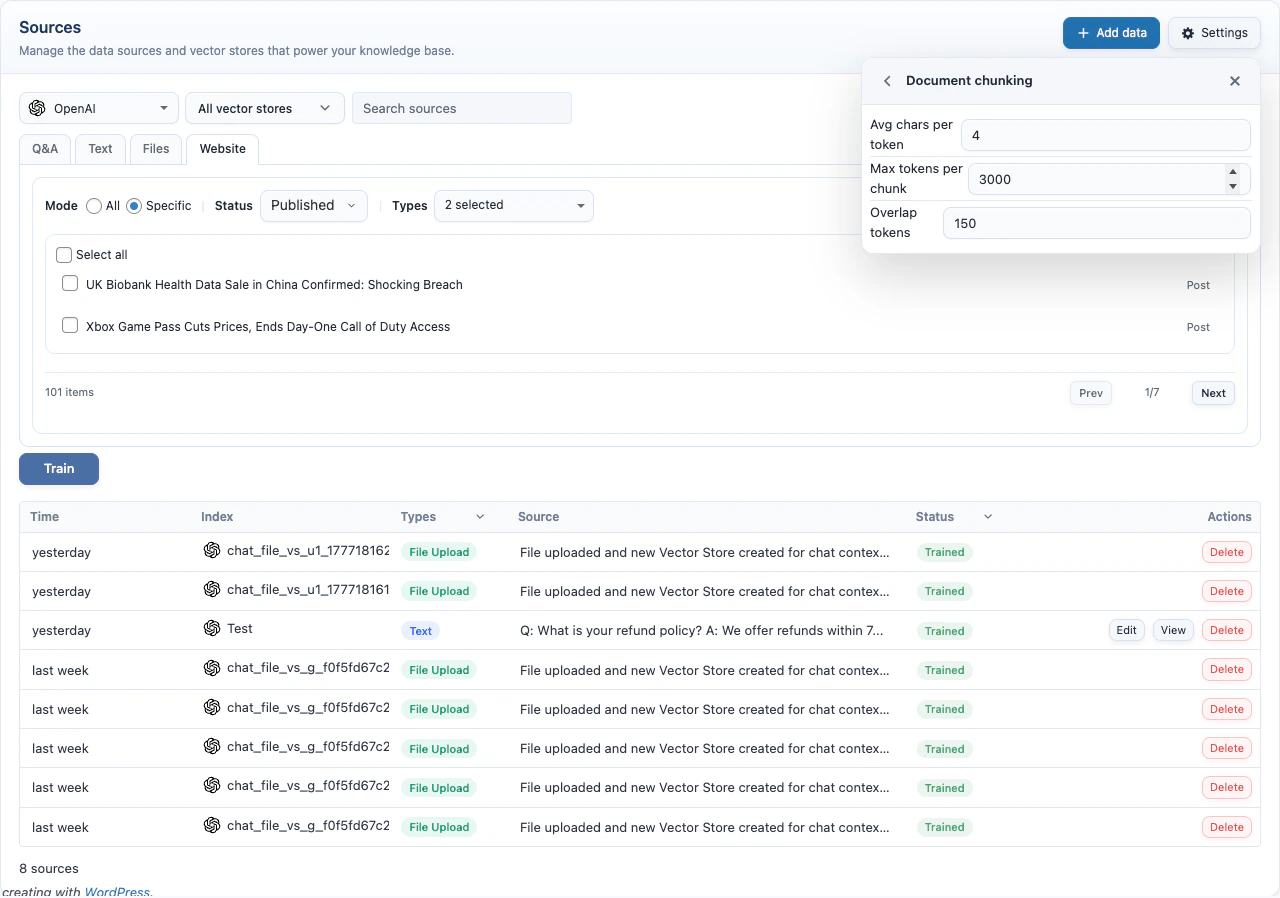 Knowledge Base document chunking settings