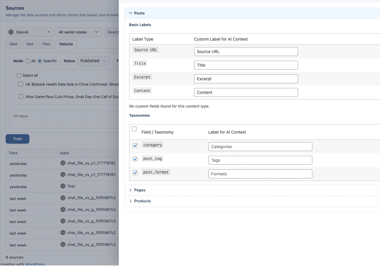 Knowledge Base indexing controls