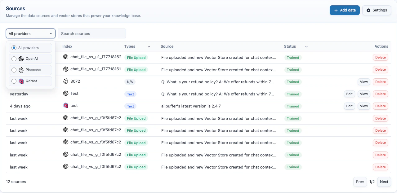 Knowledge Base provider selector
