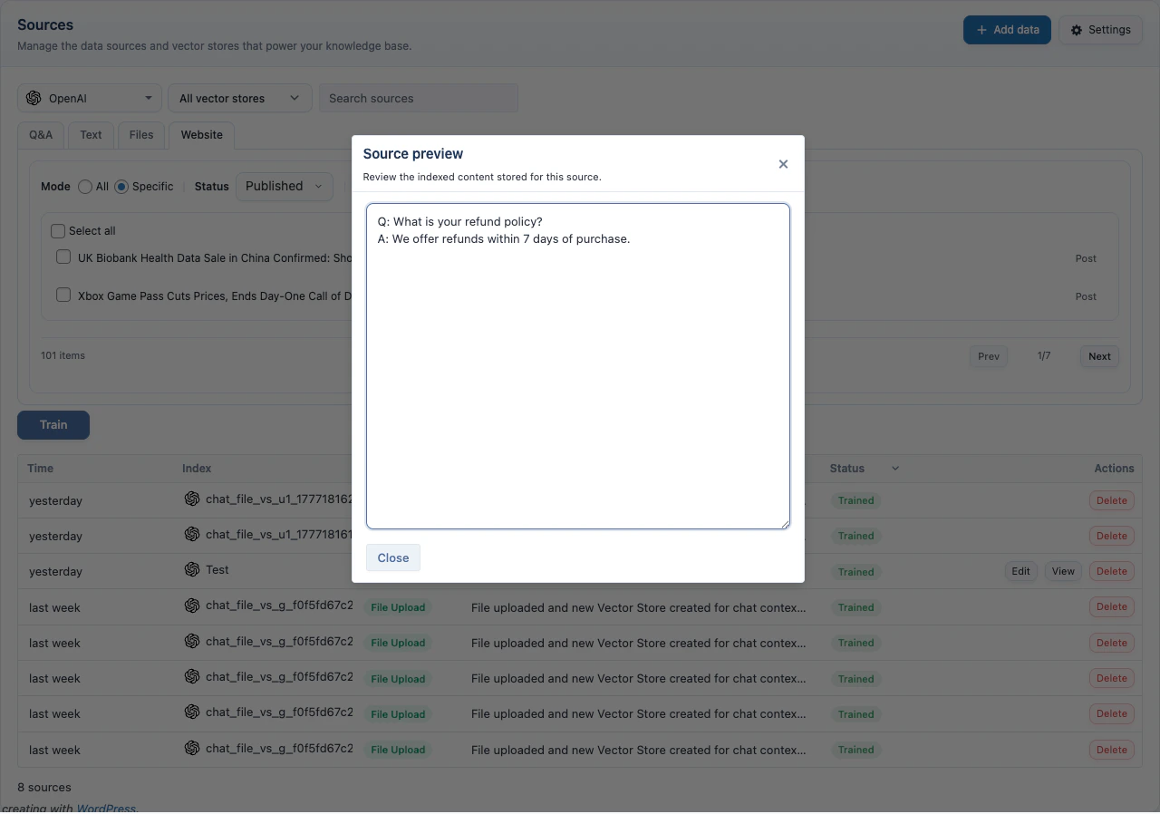 Knowledge Base source preview