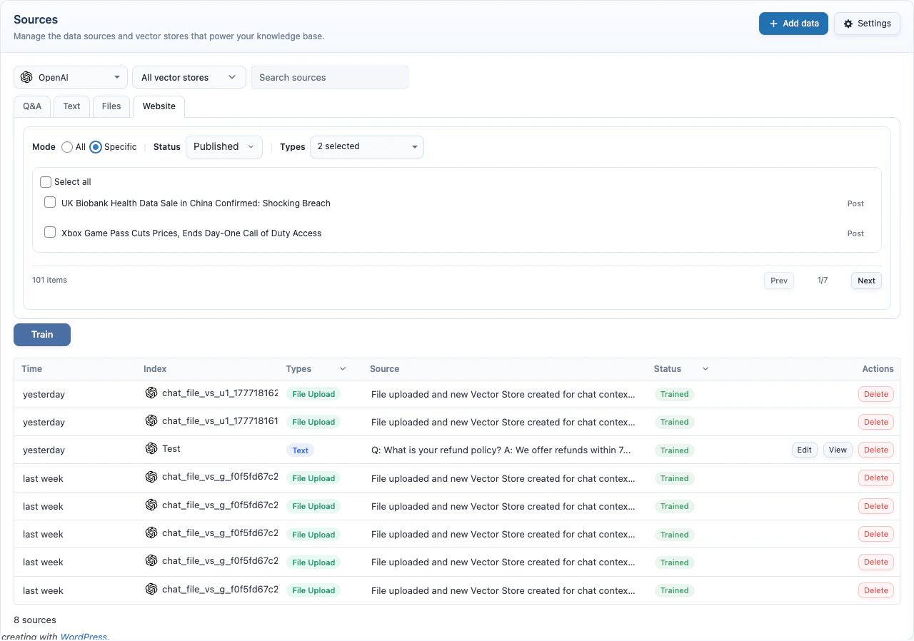 Knowledge Base Website specific mode