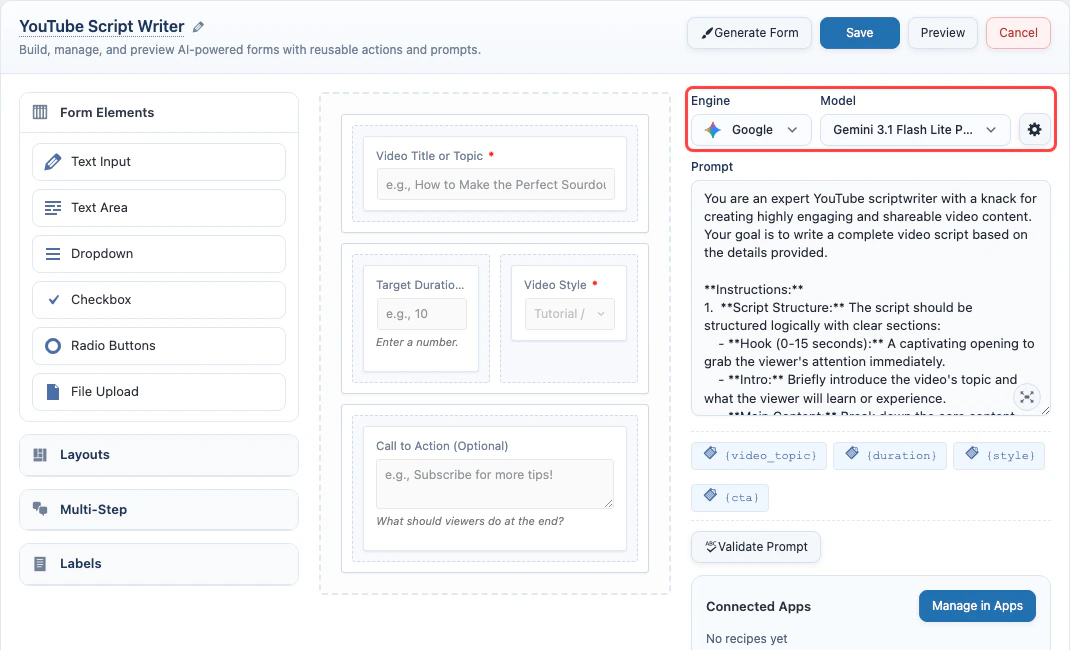 AI Form engine and model settings
