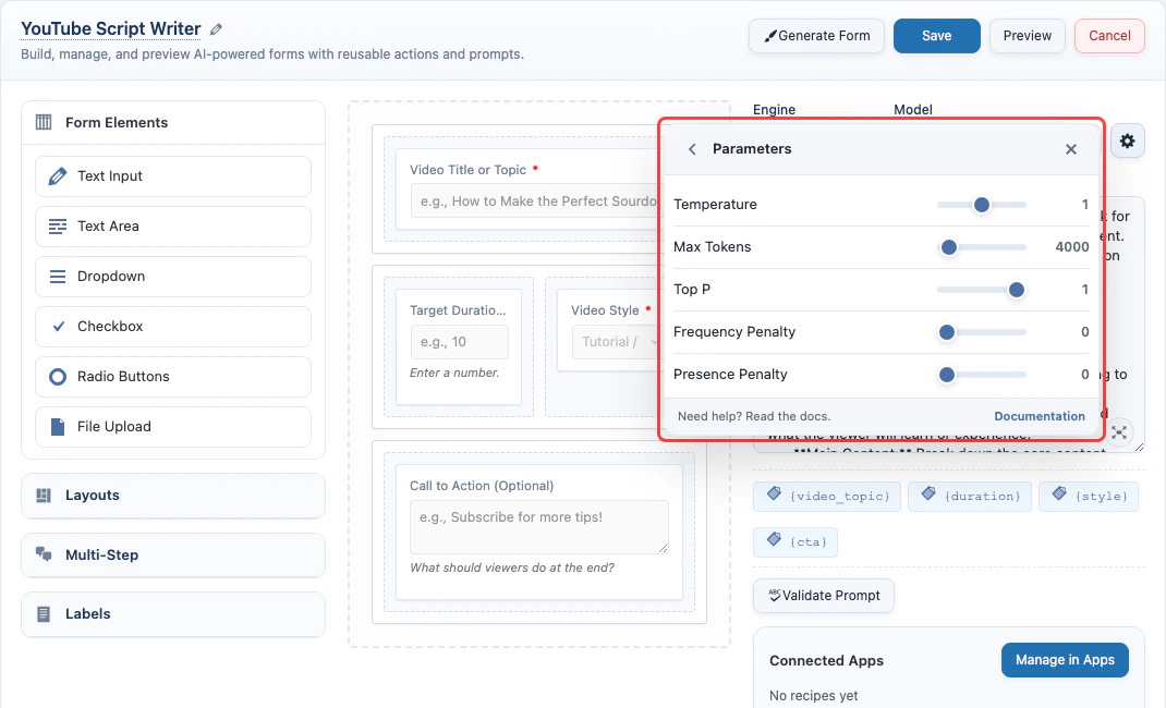AI Form parameters popover