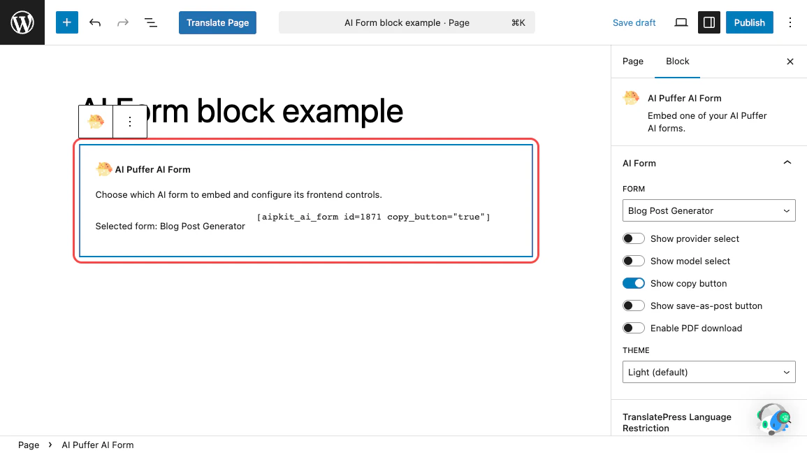 AI Form block in the WordPress block editor