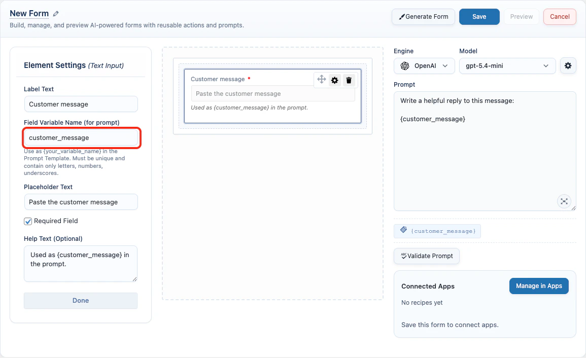 AI Form field settings