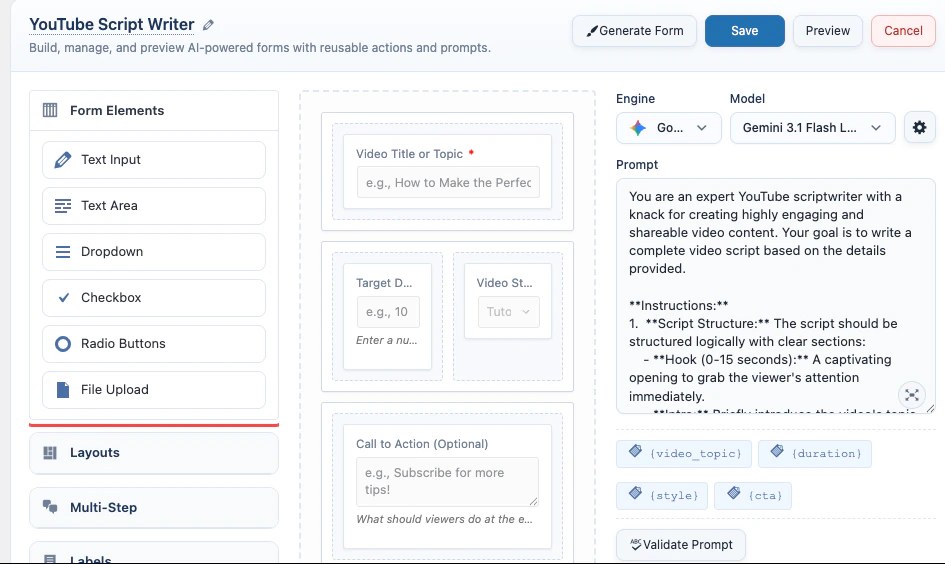 AI Form elements panel