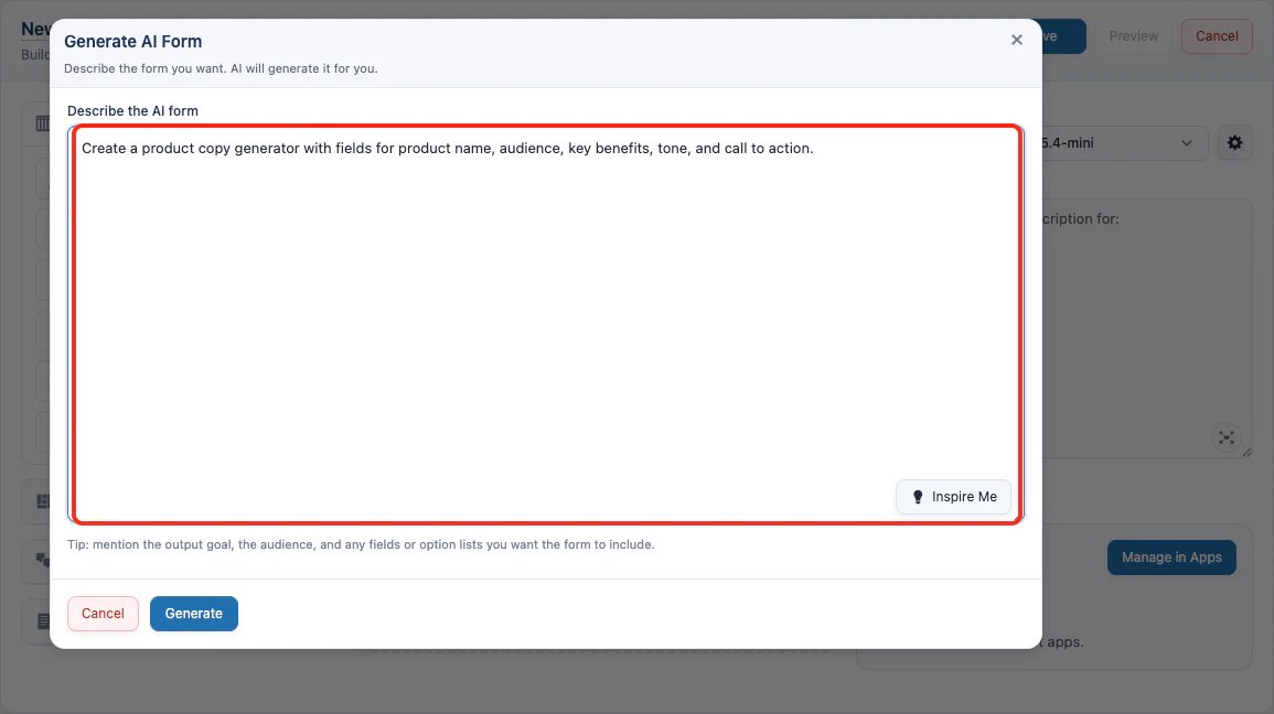 AI Form generator modal