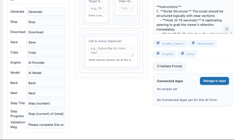 AI Form labels panel