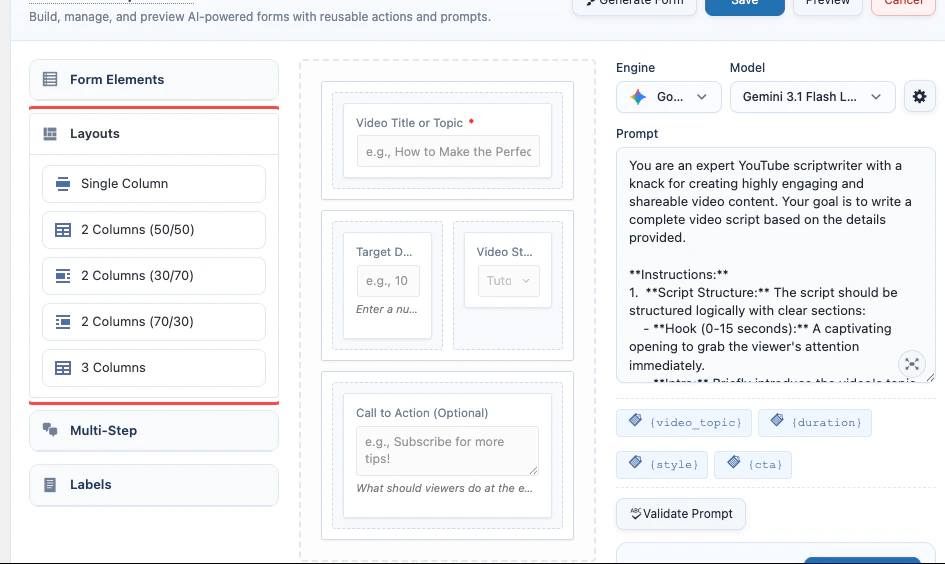 AI Form layouts panel