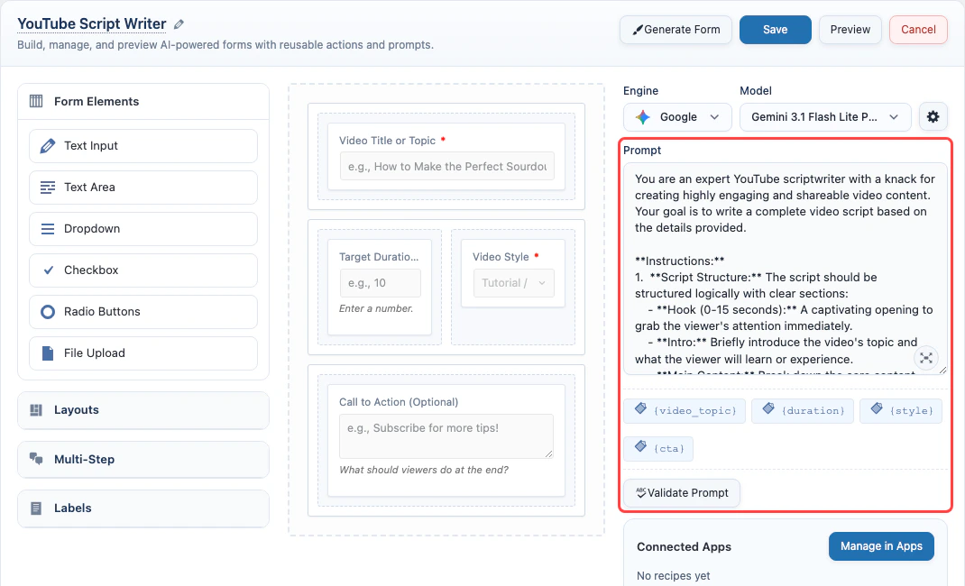 AI Form prompt editor