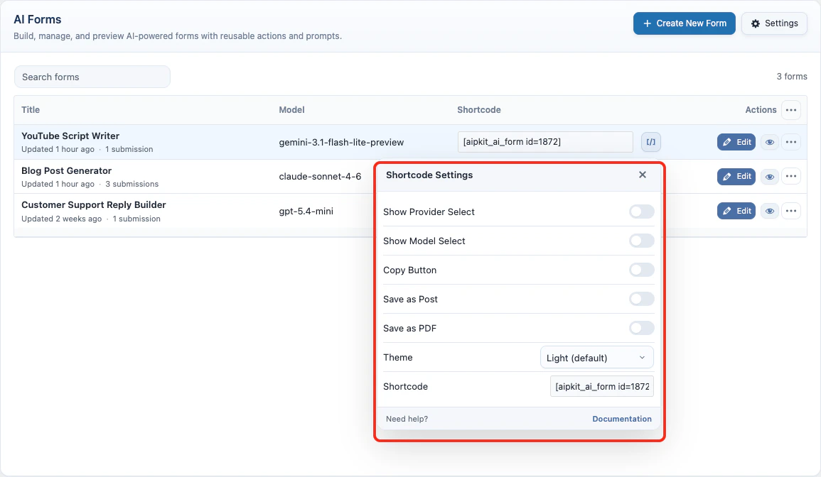 AI Form shortcode settings