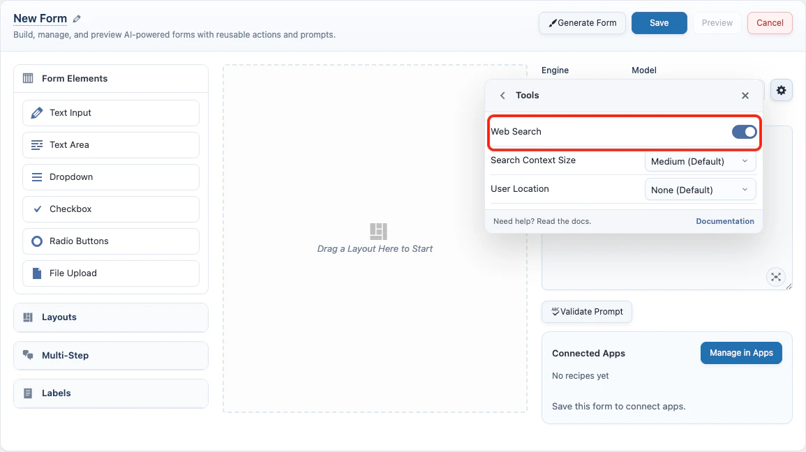 AI Form web search settings
