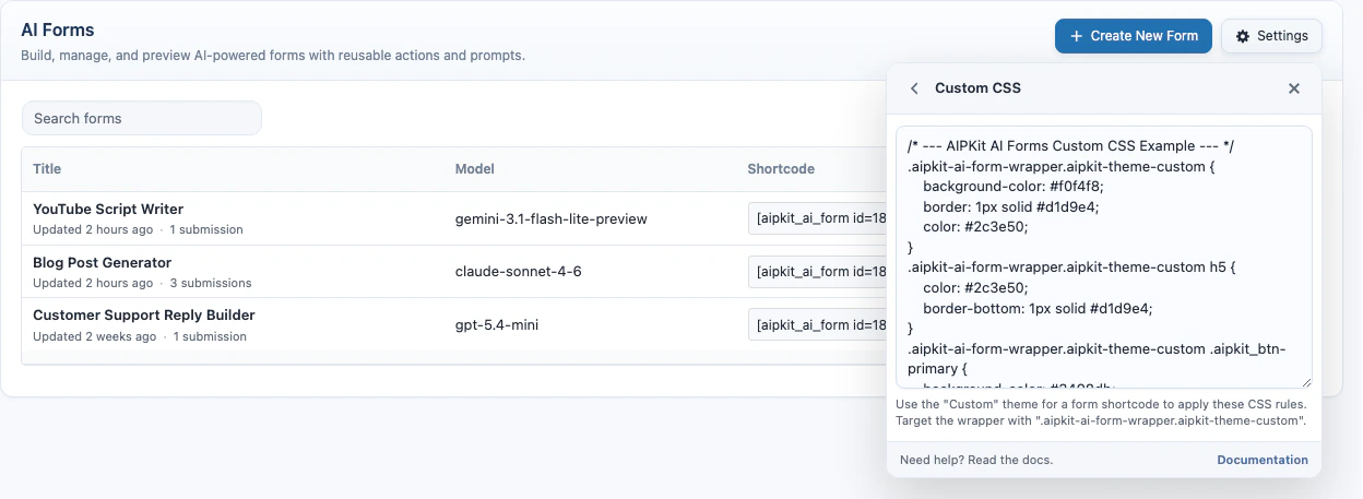 AI Forms custom CSS settings